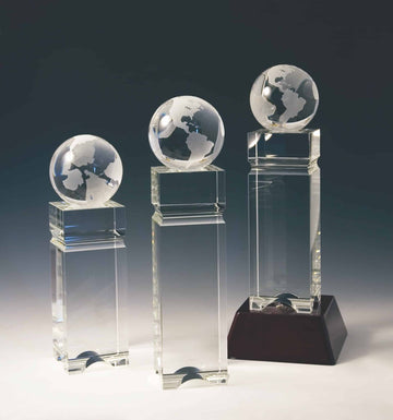 imperial globe tower award, made from high quality k9 optical crystal customizable with texts and logos